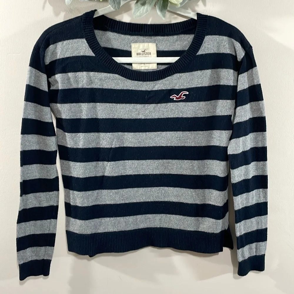 Hollister Long Sleeve Striped Sweater Navy Blue Gray Preppy Y2K S